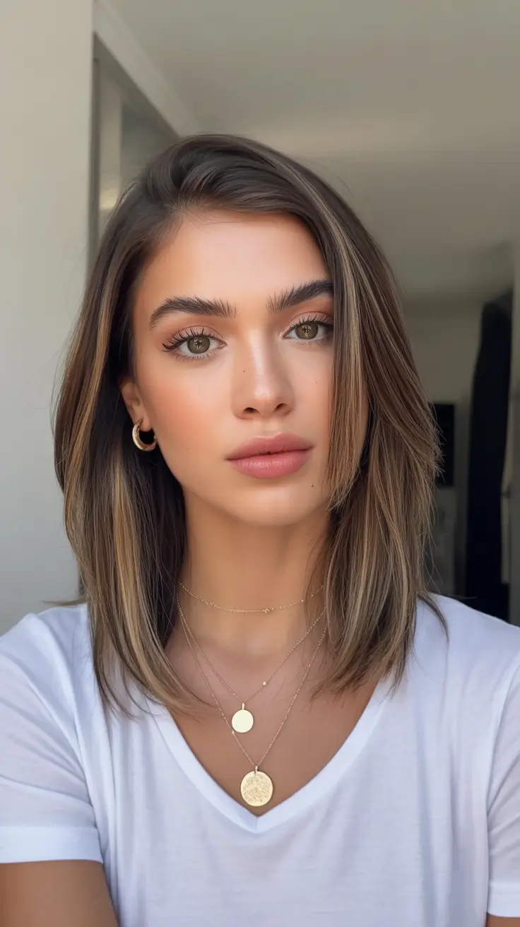 winter haircuts Sleek Medium Lob with Subtle Highlights
