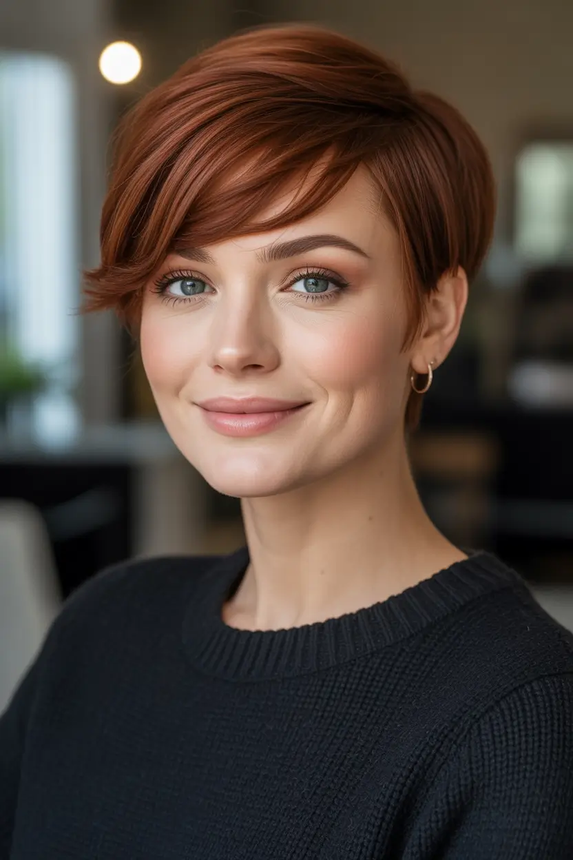 winter haircuts Side-Swept Copper Pixie