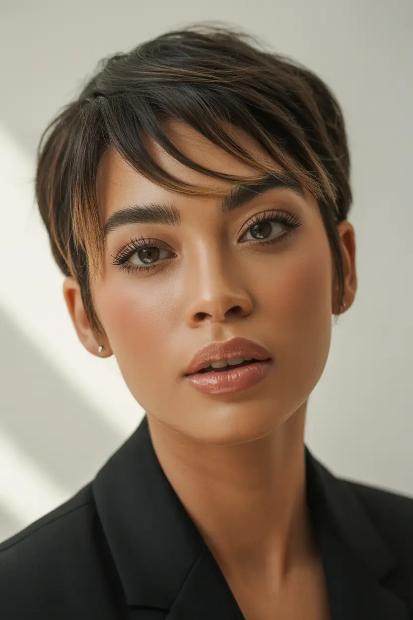 winter haircuts Layered Pixie with Dark Contrast