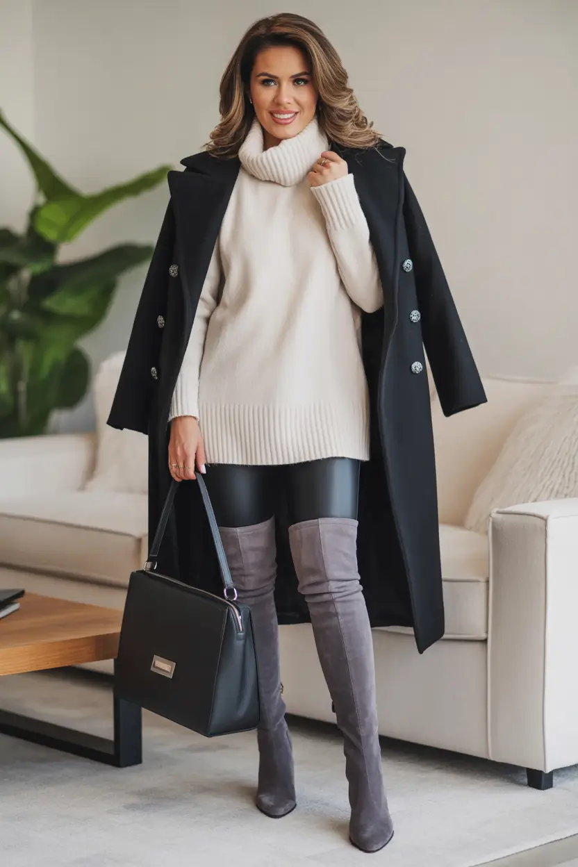 winter office outfits Cozy Knit with Over-the-Knee Boots