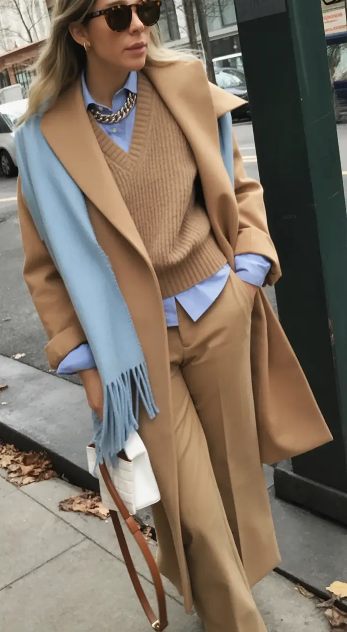 winter office outfits Layered Camel with a Hint of Blue