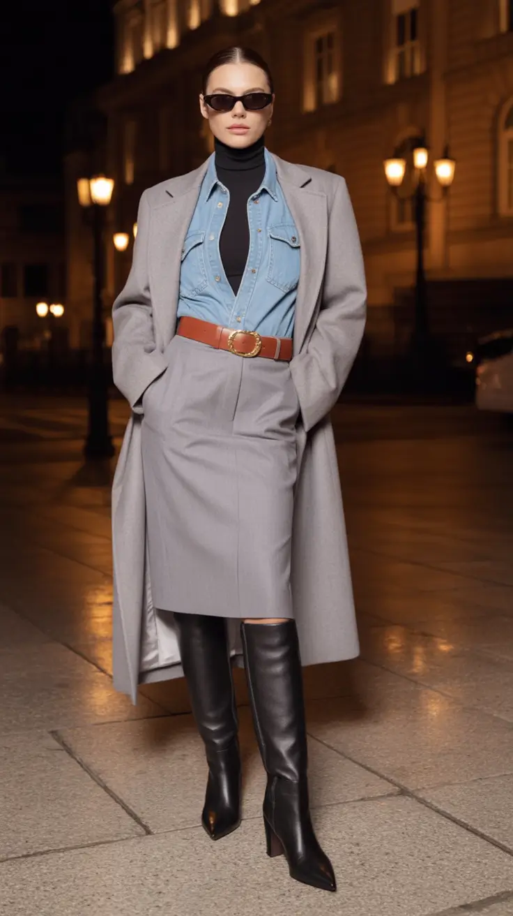 winter office outfits Denim Twist with Gray Skirt