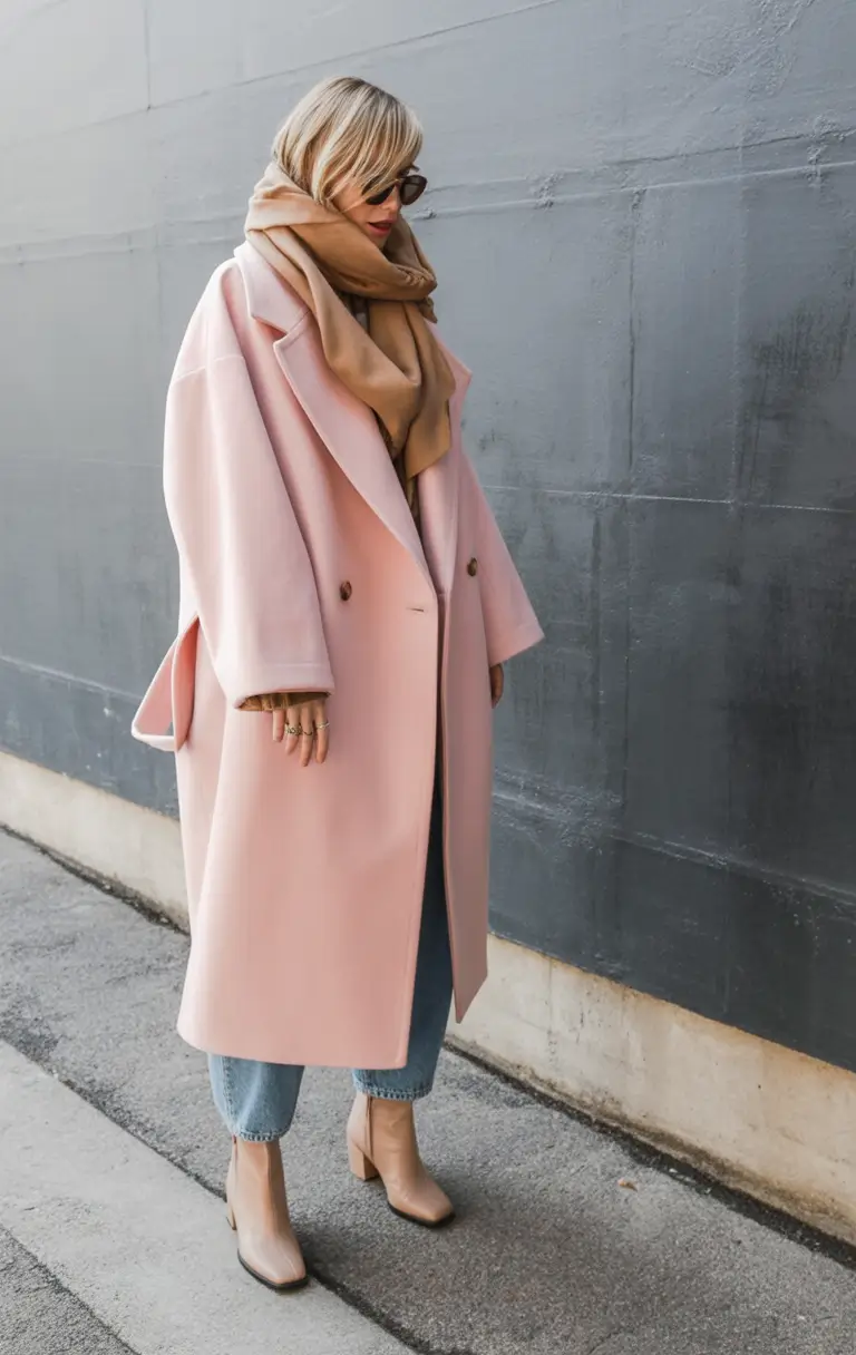 winter outfits aesthetic Pink Coat with Camel Scarf