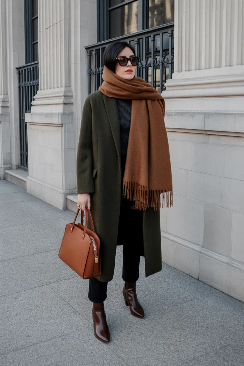 winter outfits aesthetic Olive Green with Caramel Accents