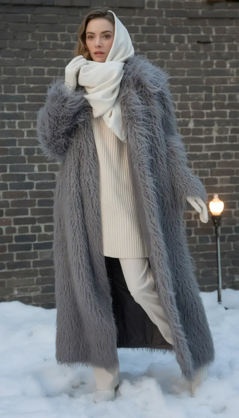 winter outfits aesthetic Fuzzy Grey Coat with White Layers