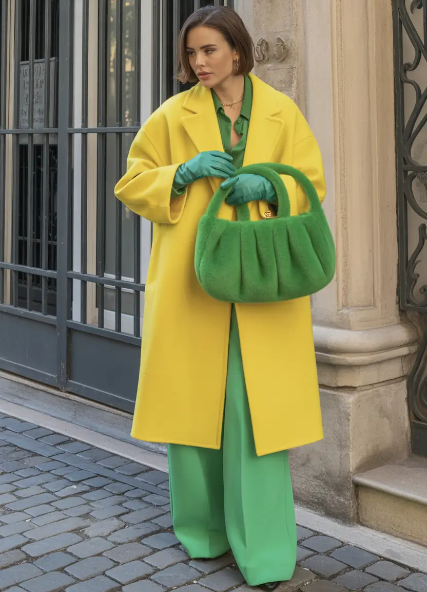 winter outfits aesthetic Color Clash in Green and Yellow