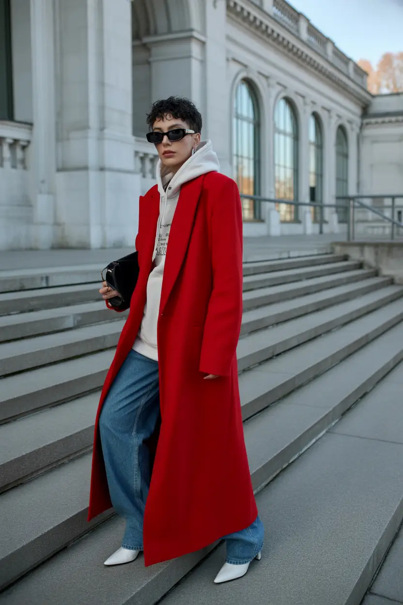 winter outfits aesthetic Red Coat with Streetwear Edge