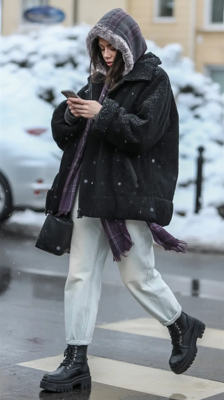 winter outfits aesthetic Black Oversized with Cozy Plaid