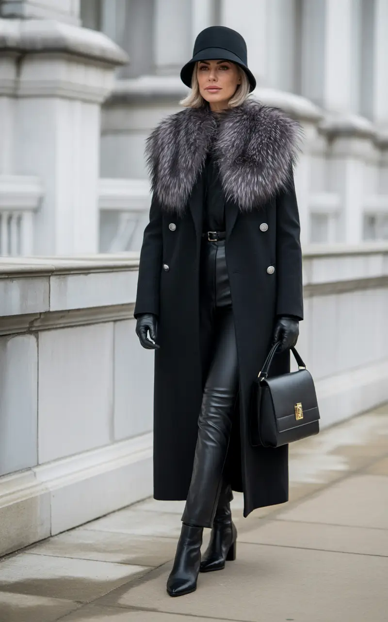 winter outfits aesthetic Black Coat with Silver Fox Collar