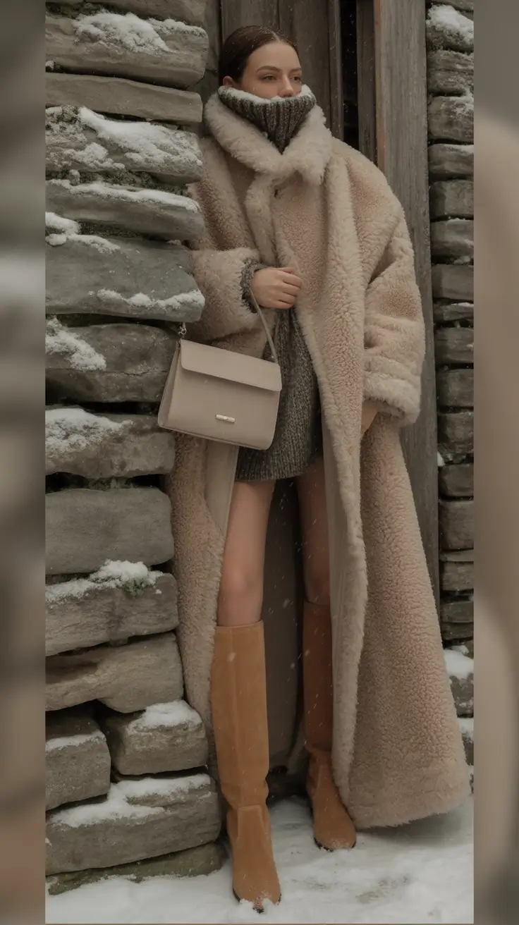 winter outfits cold Shearling Drama with Knit Accents