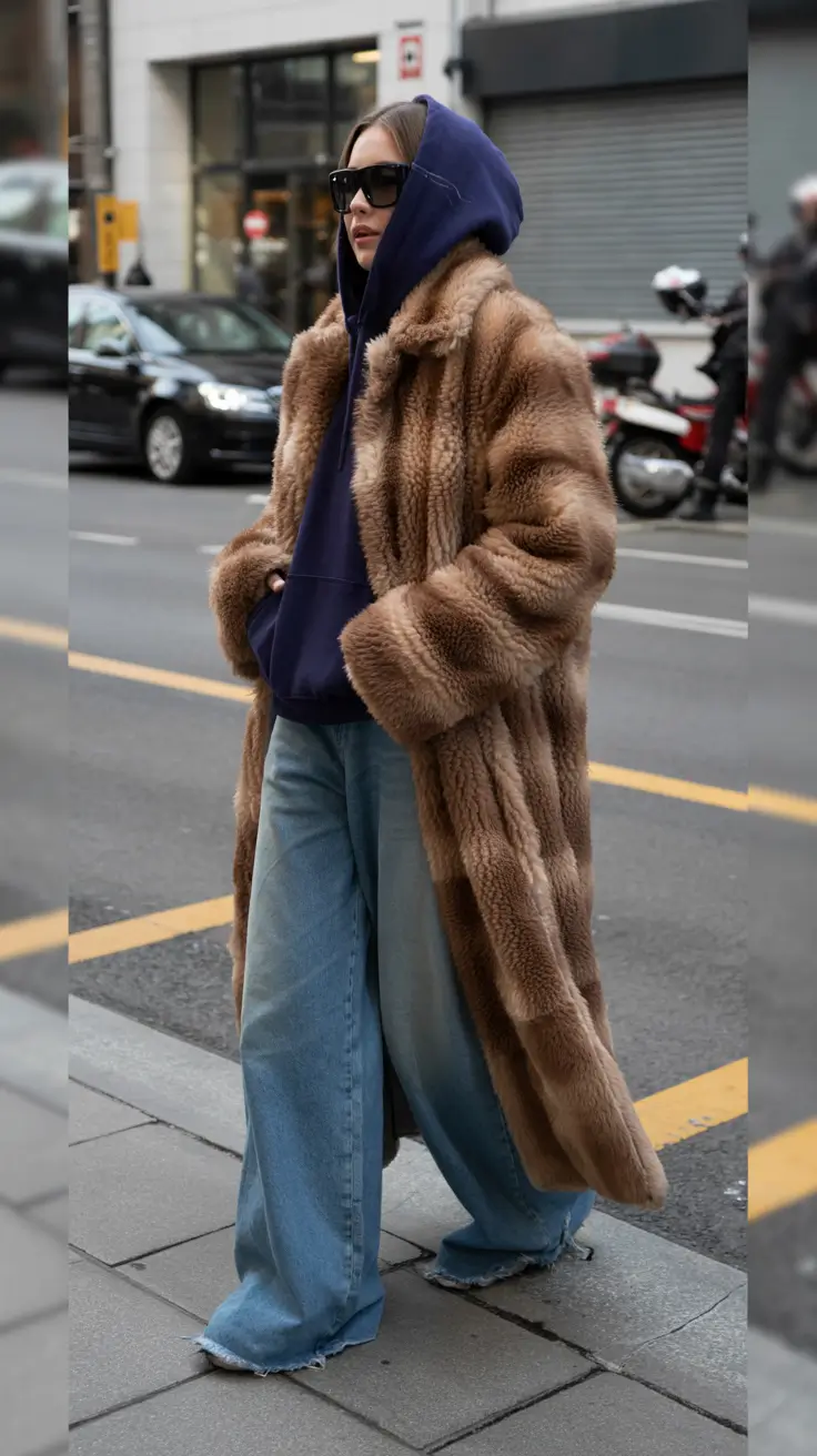winter outfits cold Fur Coat Meets Street Hoodie