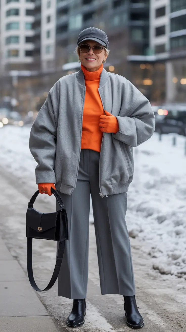 winter outfits over 40 Orange Pop Against Winter Grey