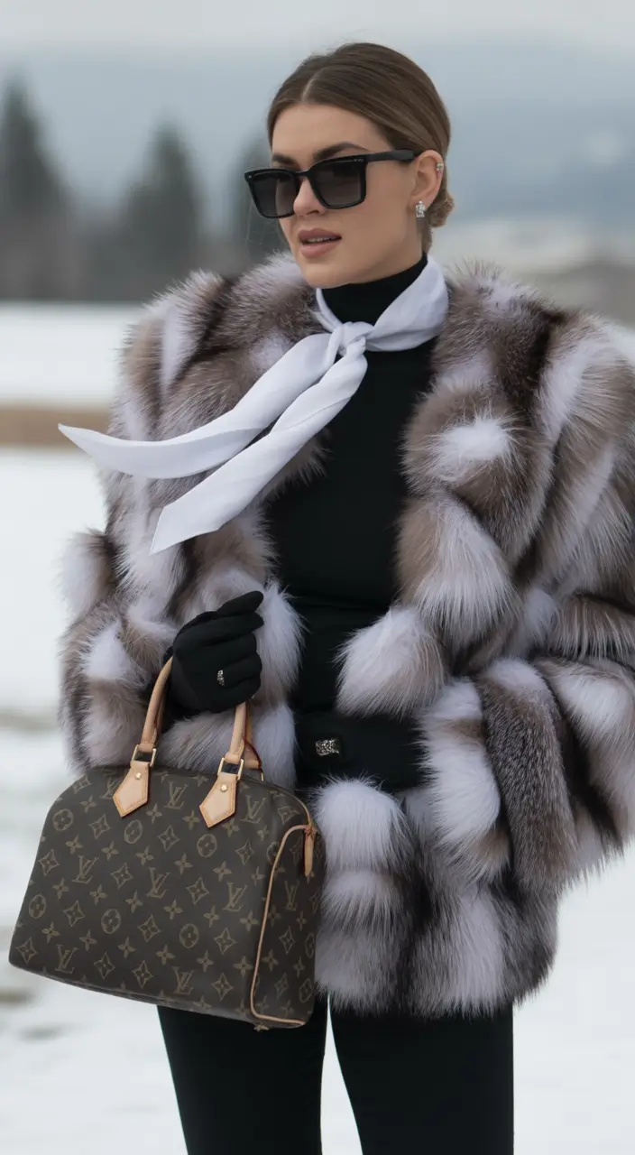 winter outfits over 40 Monochrome Luxury with Fur Drama