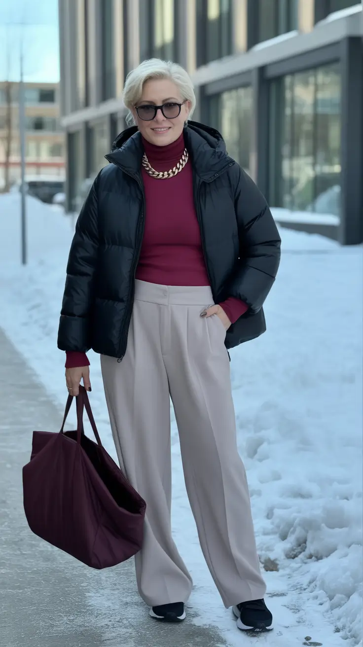 winter outfits over 40 Burgundy and Black Everyday Elegance