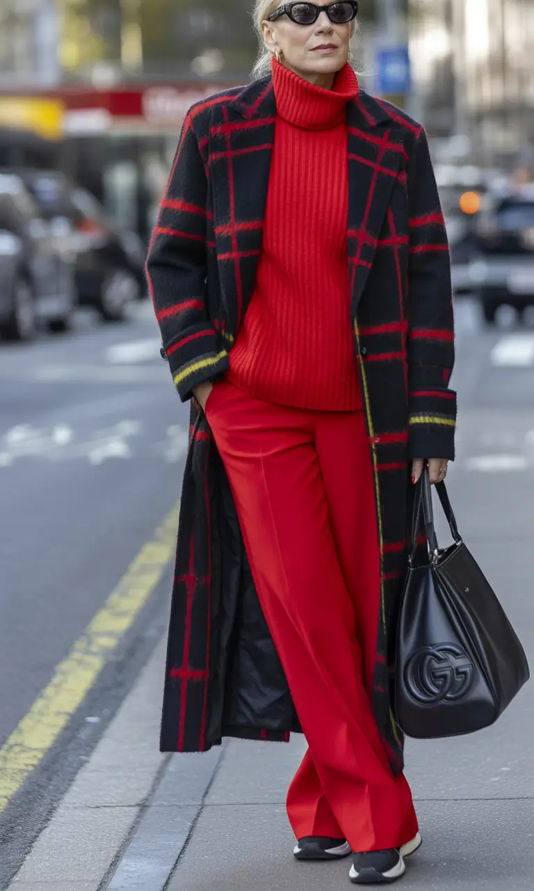 winter outfits over 40 Power Red with Plaid Drama