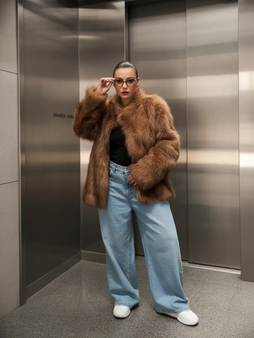 winter outfits over 40 Retro Fur and Wide-Leg Denim