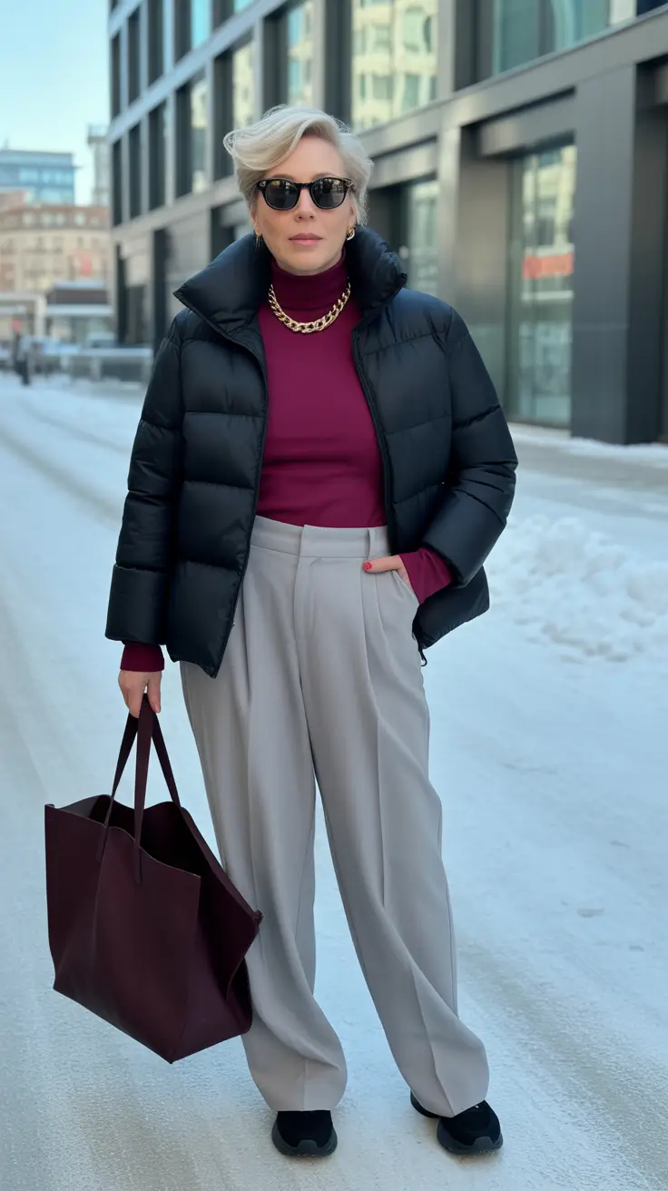 winter outfits over 50 Deep Berry Accents with a Modern Puffer