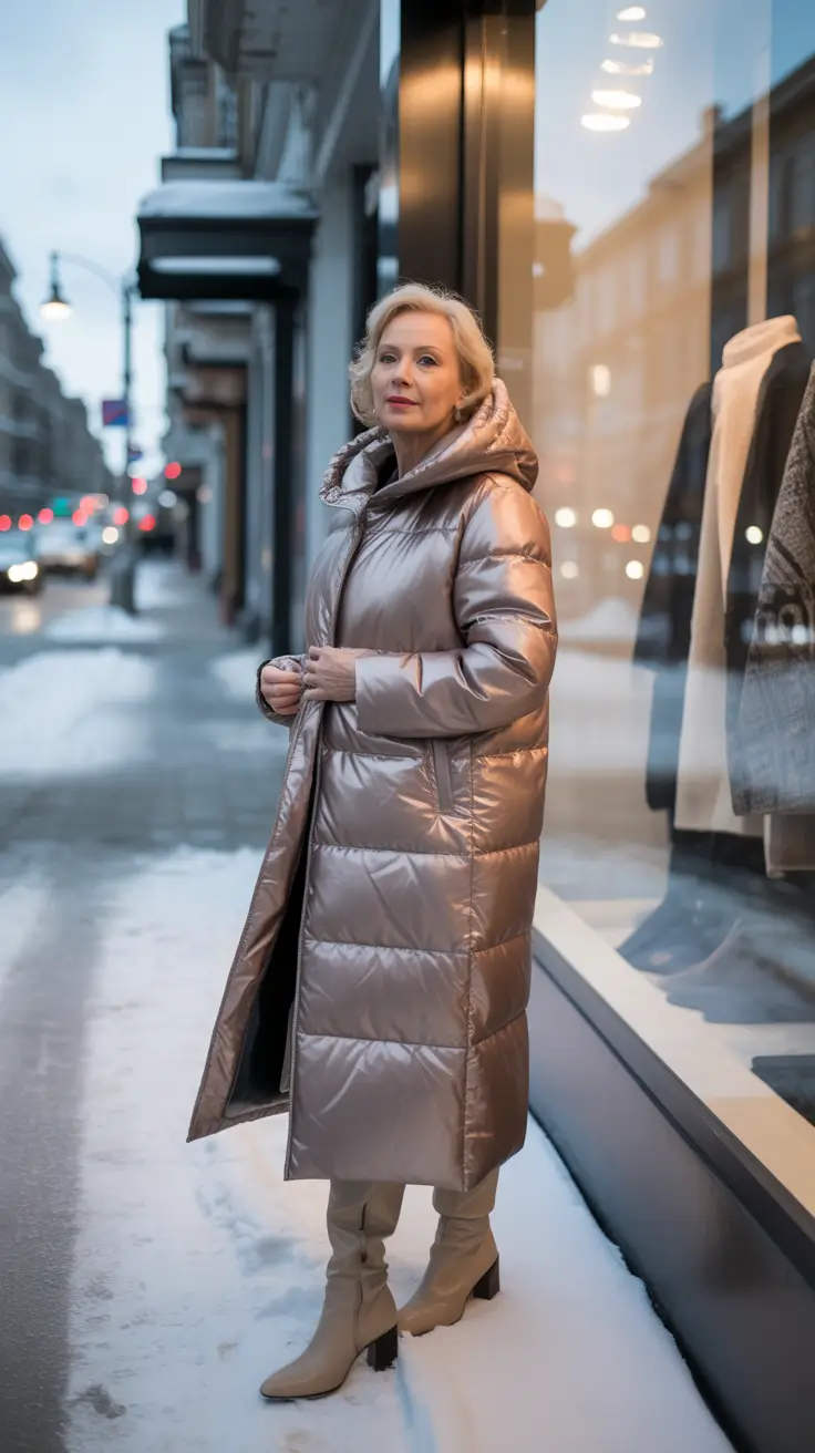 winter outfits over 50 Shimmering Bronze Puffer Elegance