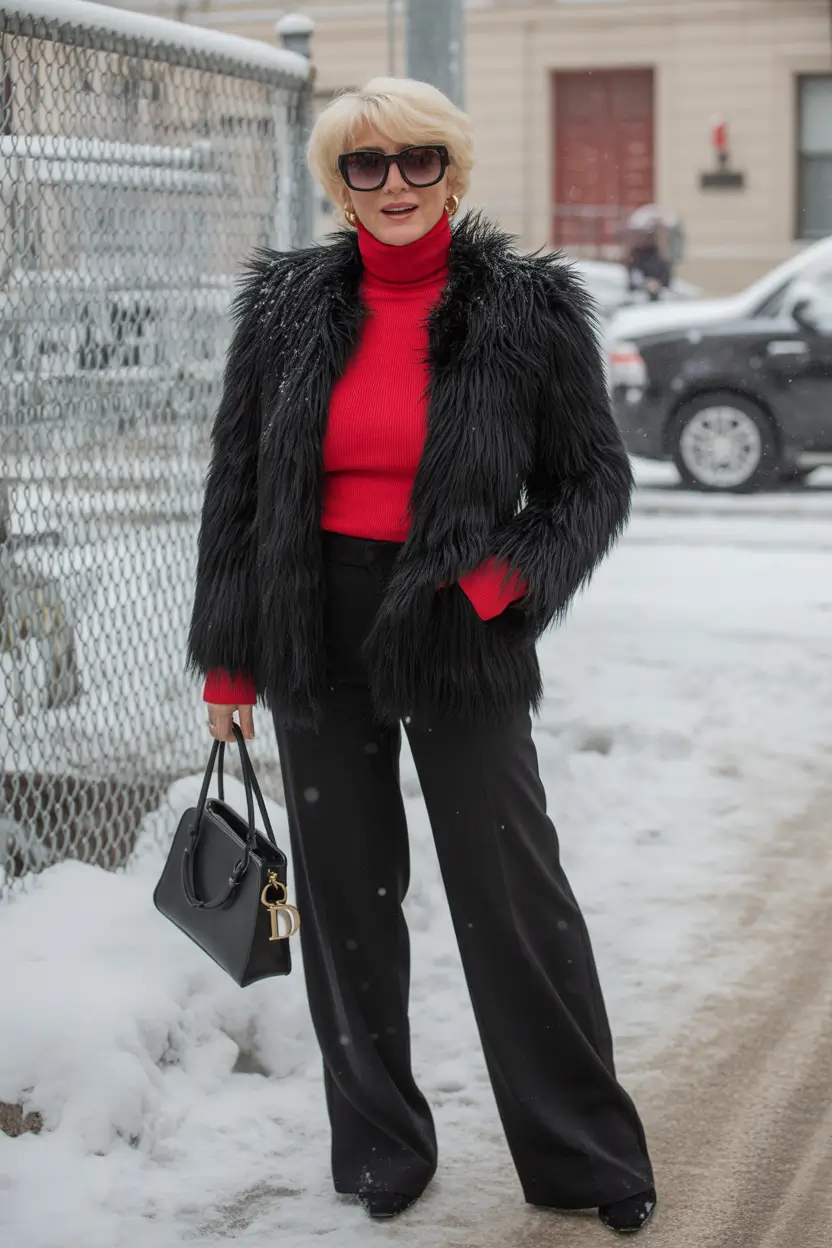 winter outfits over 50 Bold Red with Black Fur Texture