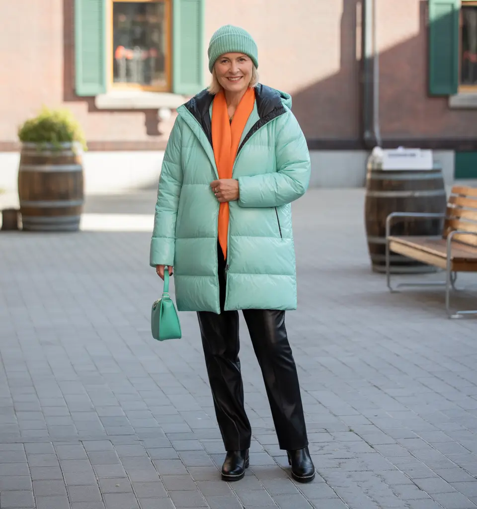 winter outfits over 50 Minty Fresh Puffer with a Bright Accent
