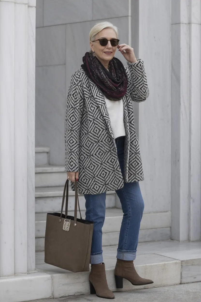 winter outfits over 50 Pattern Play with Everyday Denim