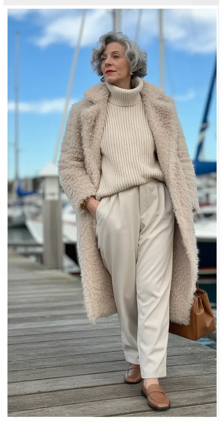 winter outfits over 50 Cozy Neutrals in a Luxe Shearling Coat