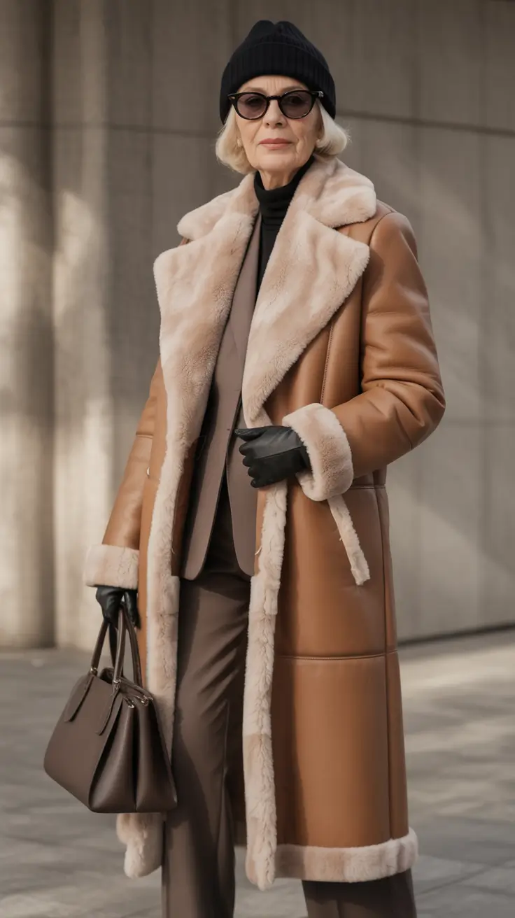 winter outfits over 60 Tailored Shearling in Warm Caramel