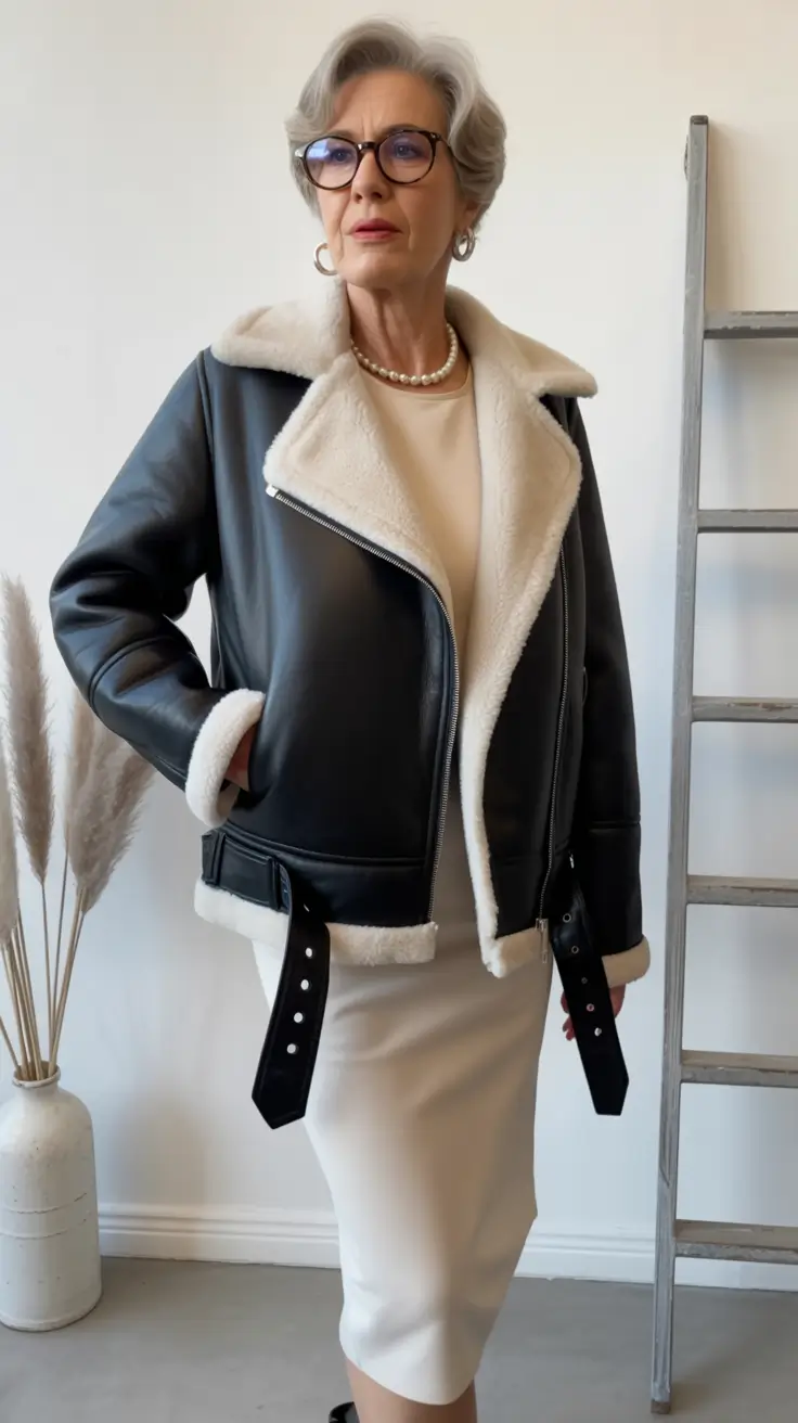 winter outfits over 60 Shearling Jacket over a Sleek Dress