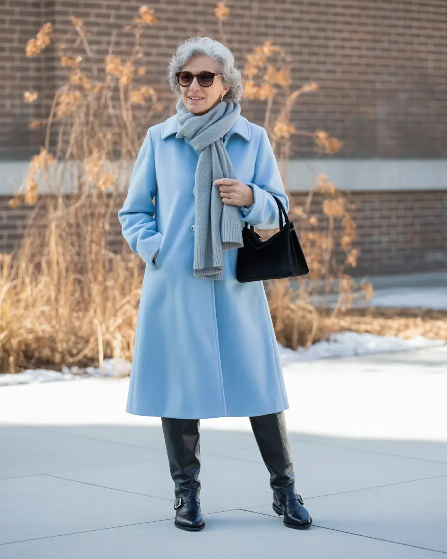 winter outfits over 60 Pastel Blue Coat with Polished Boots
