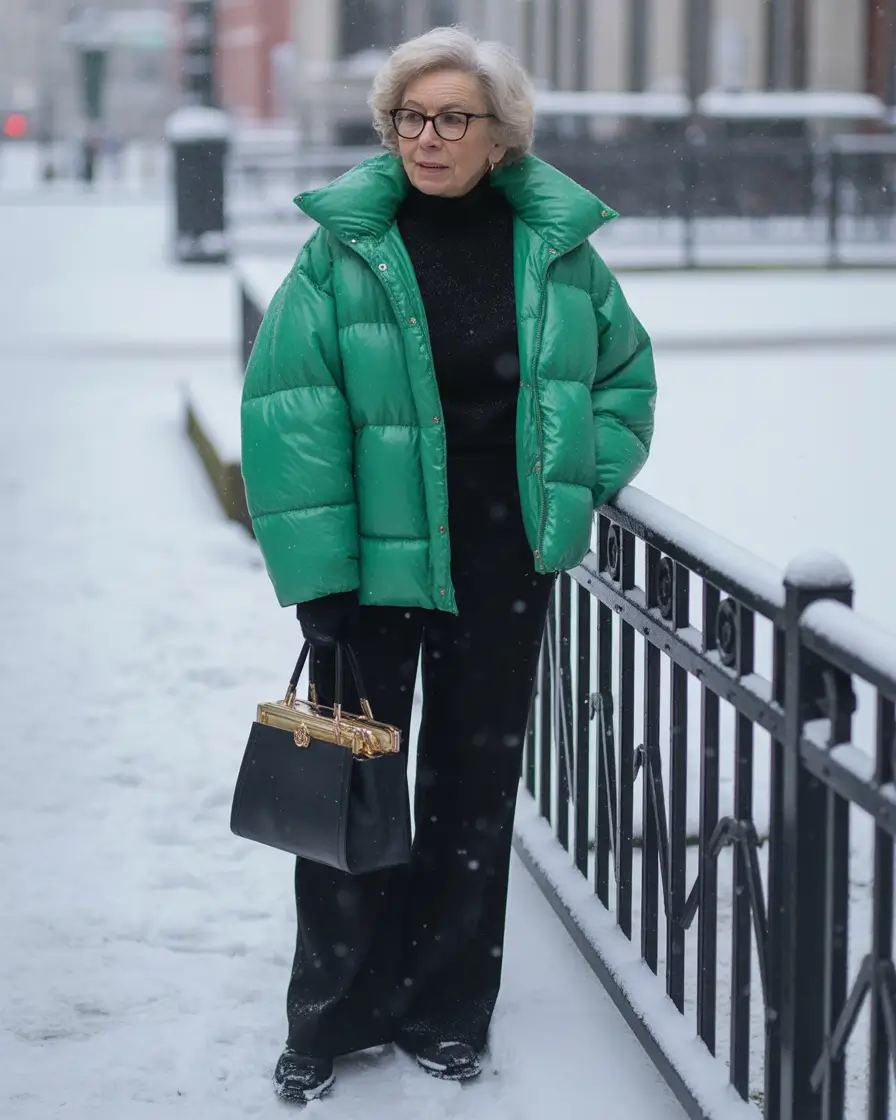 winter outfits over 60 Emerald Puffer with Monochrome Black