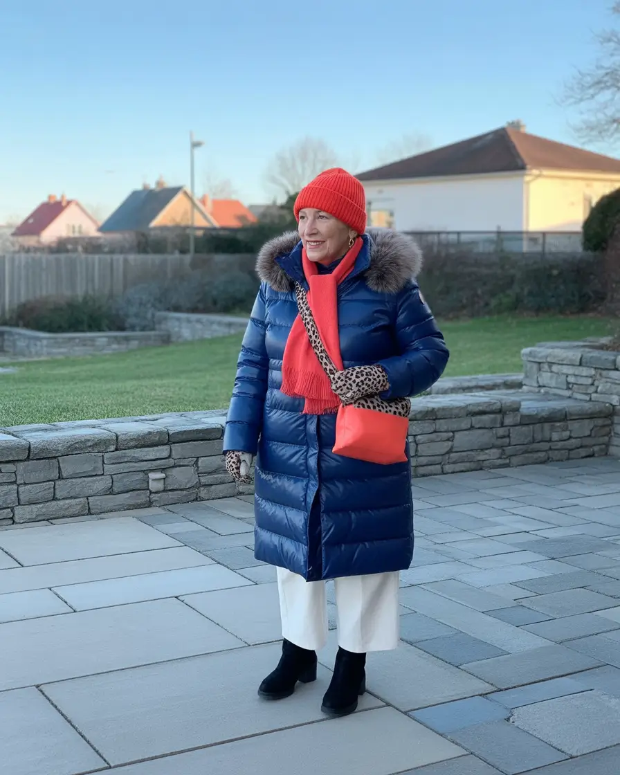 winter outfits over 60 Bright Red Accents on Navy Puffer