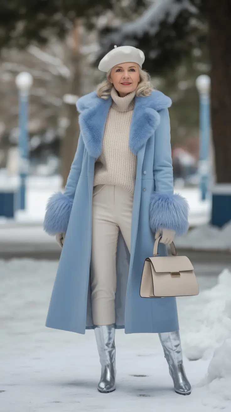 winter outfits over 60 Powder Blue Glamour with Silver Boots