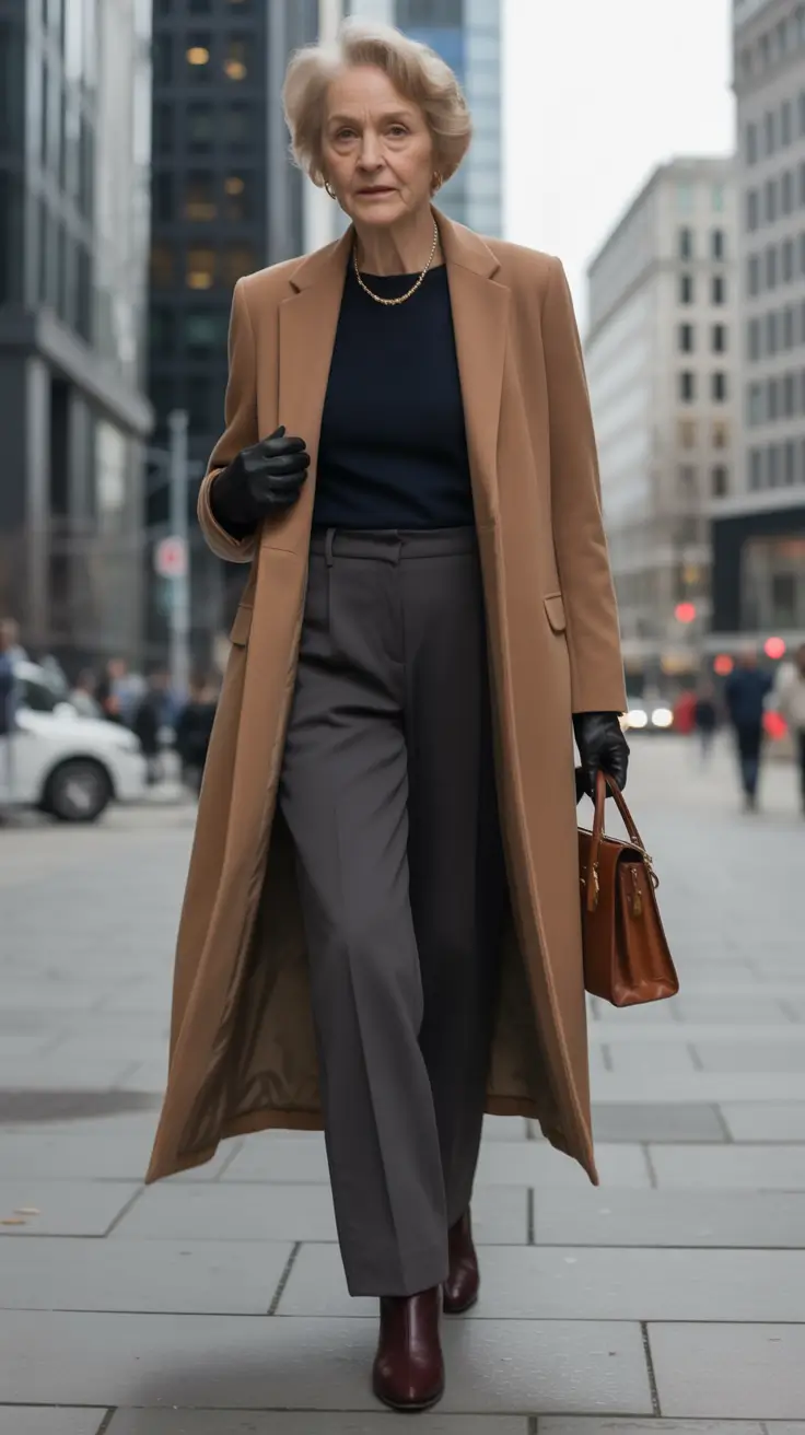 winter outfits over 60 Camel and Charcoal City Sleek