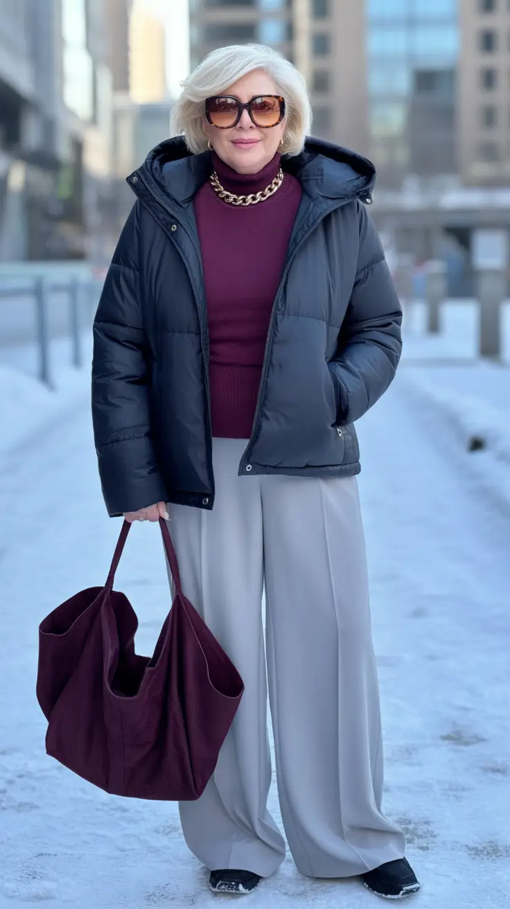 winter outfits over 60 Plum and Grey Chic with a Puffer