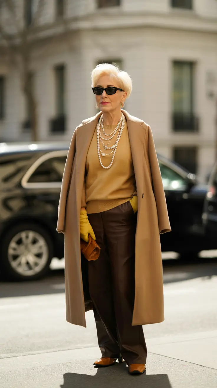 winter outfits over 60 Golden Camel with Pearl Layers