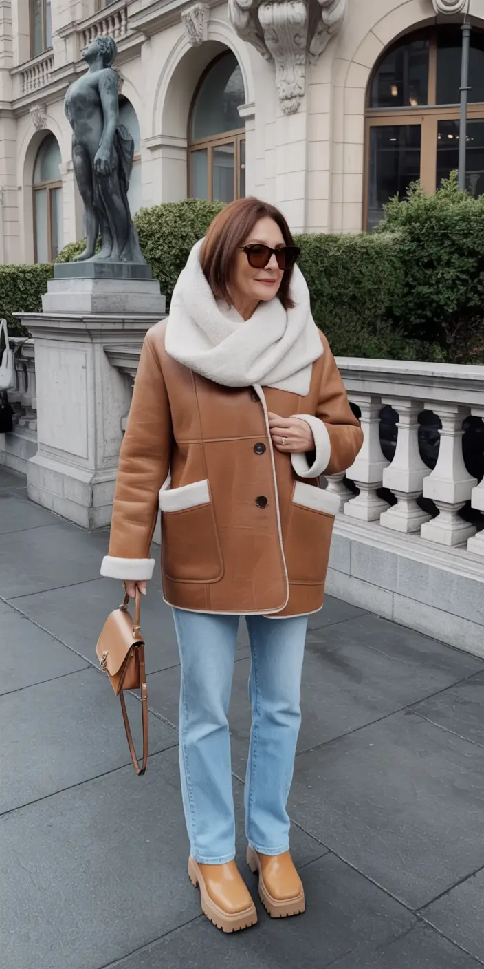 winter outfits over 60 Modern Shearling and Denim Mix