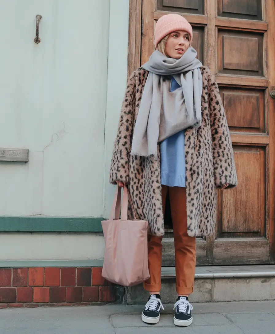 winter outfits Playful Leopard with Pastel Accents