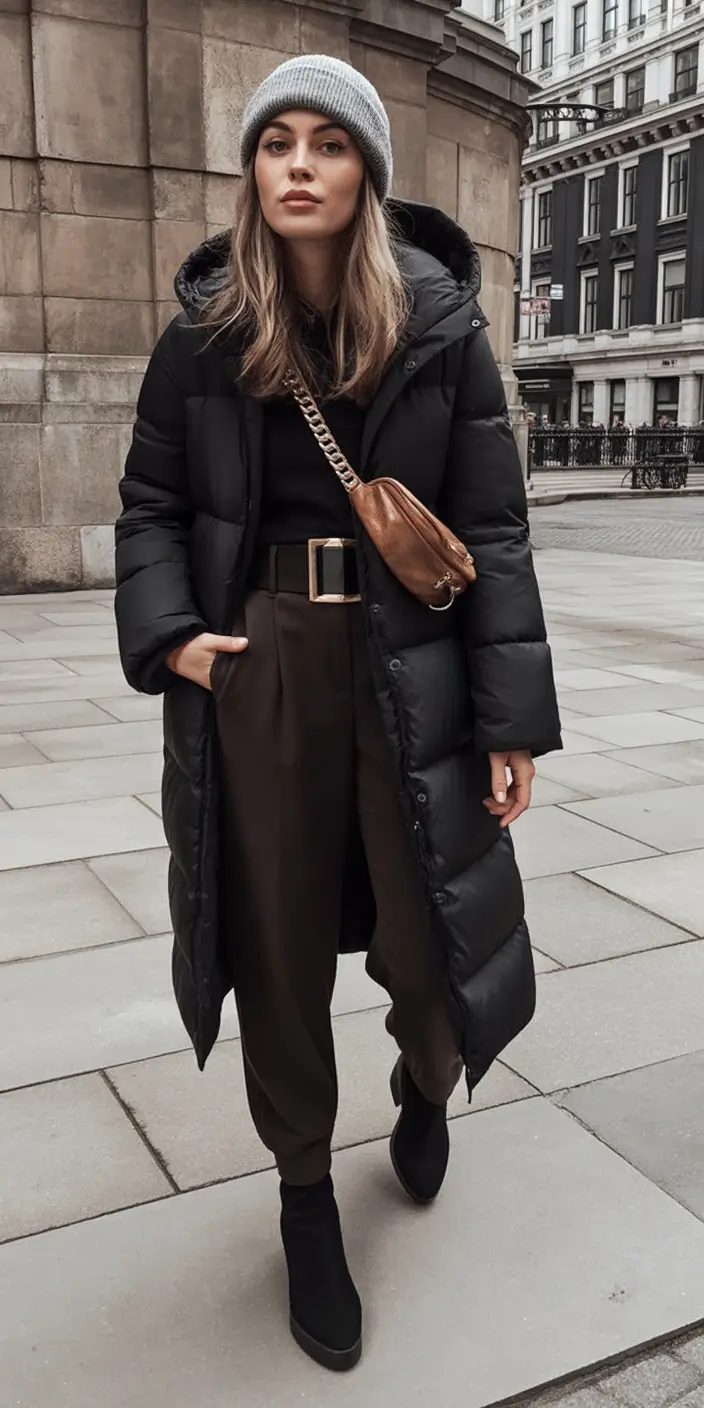 winter outfits Black Puffer with Tailored Edge