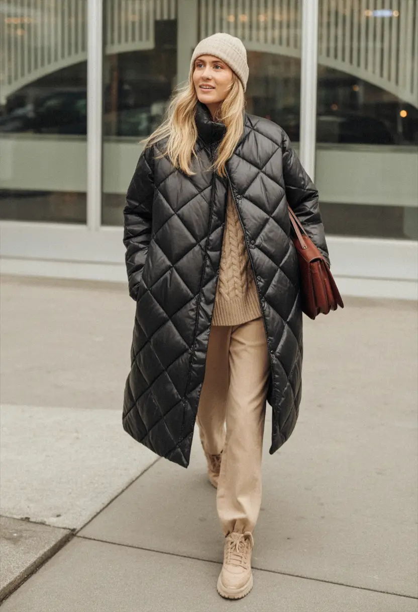 winter outfits Diamond Quilting with Beige Layers
