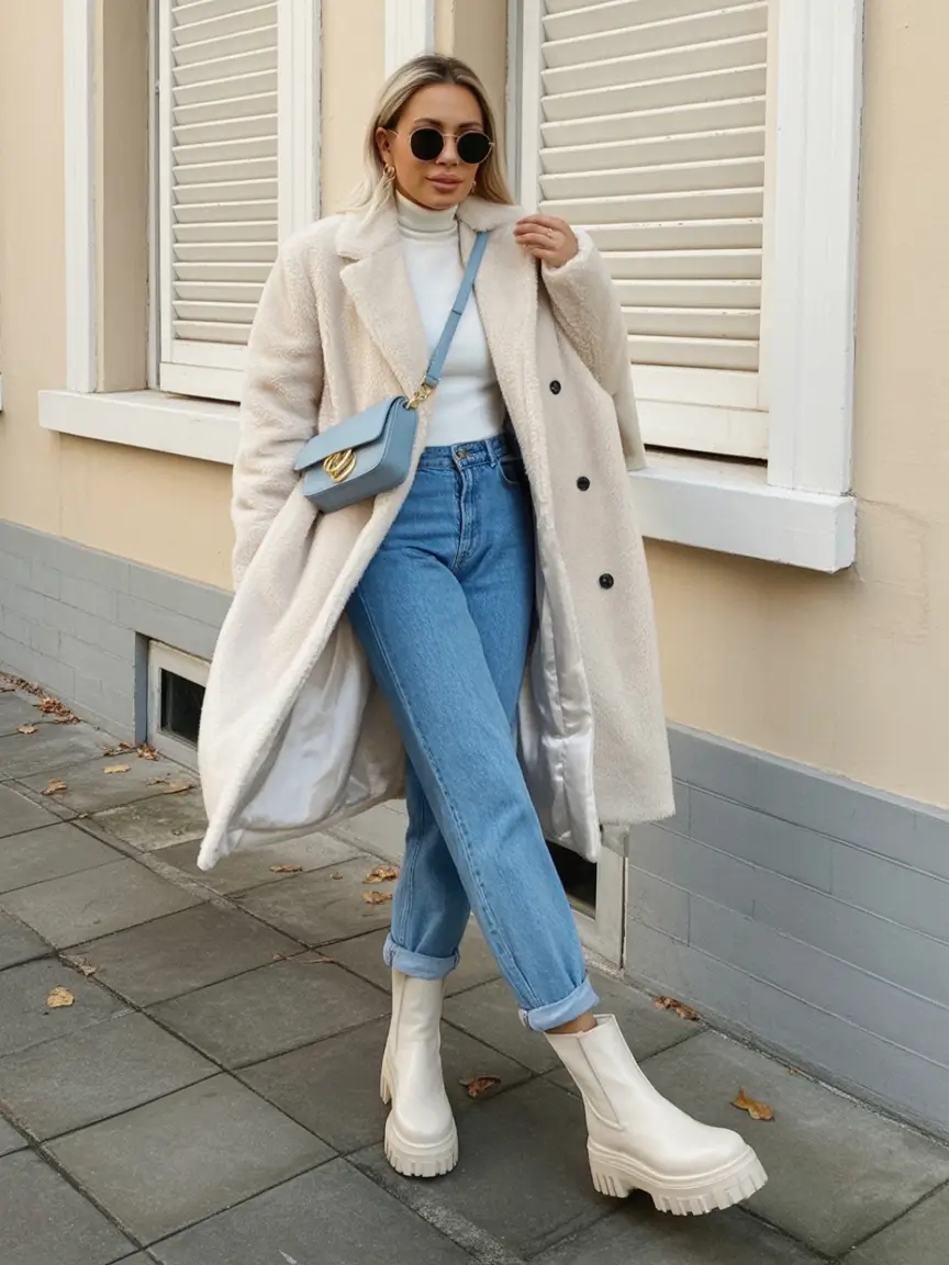 winter outfits Timeless White Coat with Blue Accents