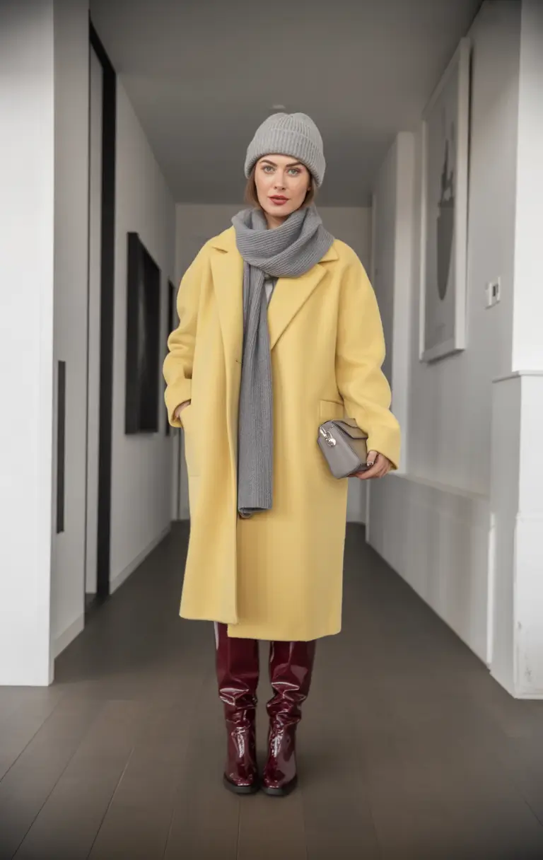 winter outfits Sunny Coat Meets Burgundy Shine