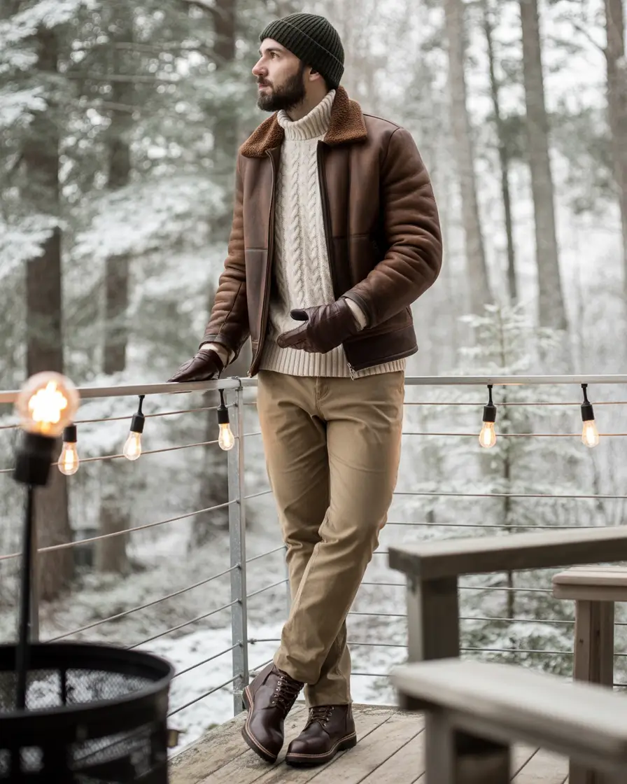 winter outfits men Classic Shearling and Cable Knit