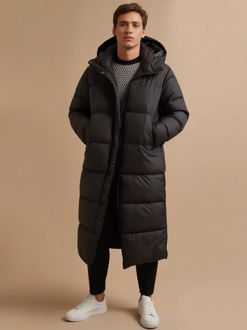 winter outfits men Minimalist Black Puffer Statement