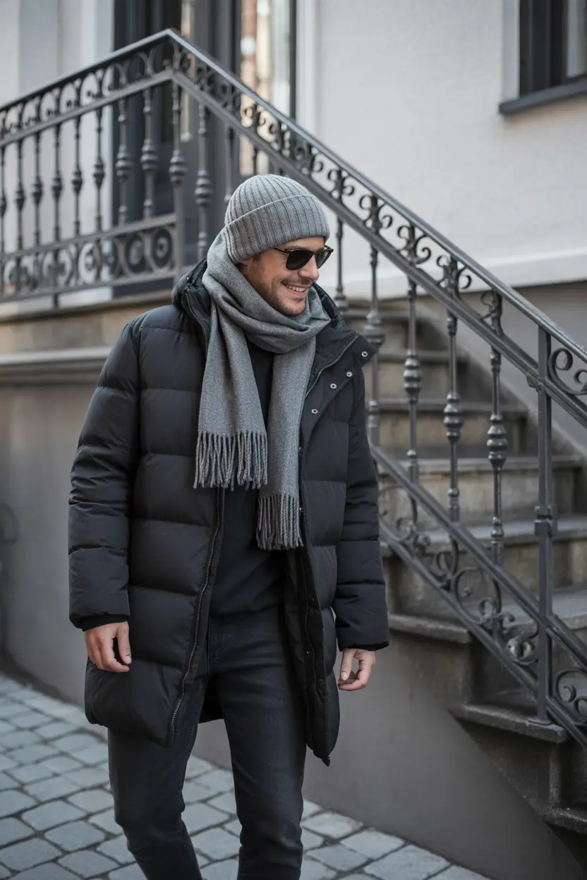 winter outfits men Monochrome Puffer with Grey Accents