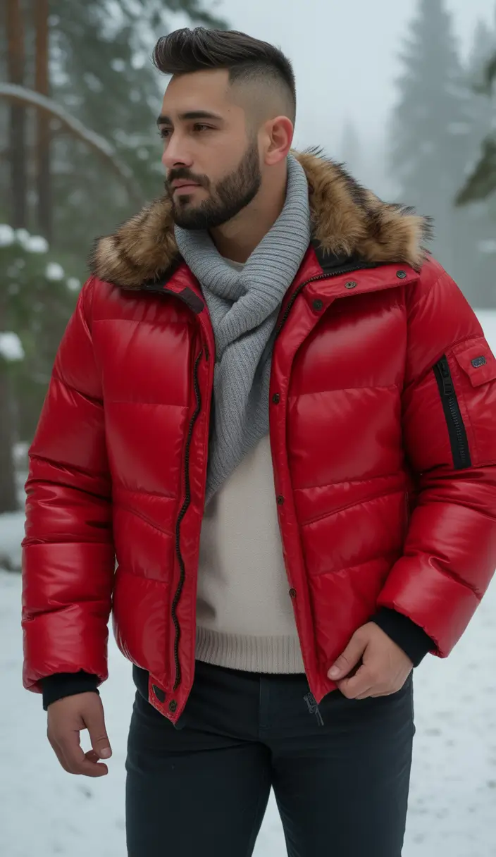 winter outfits men Red Puffer with Fur-Lined Drama