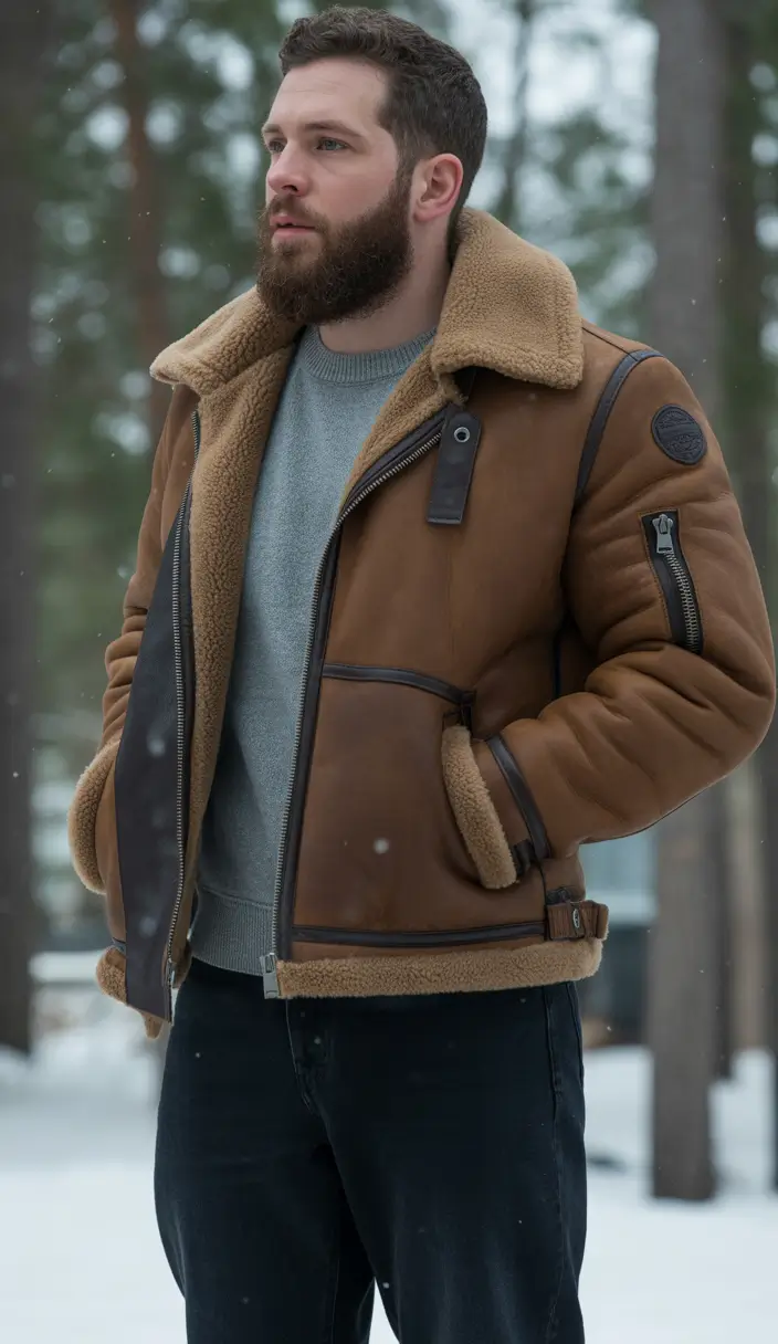 winter outfits men Shearling Bomber with Rugged Charm