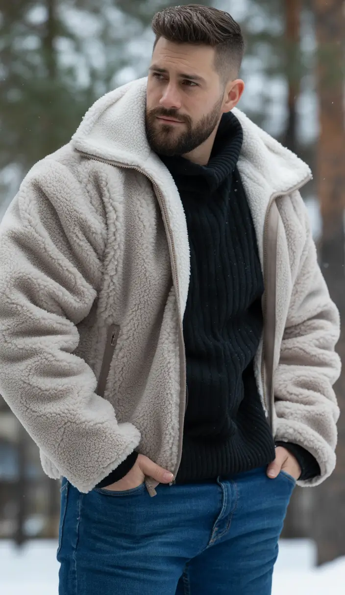 winter outfits men Teddy Jacket with Relaxed Black Knit