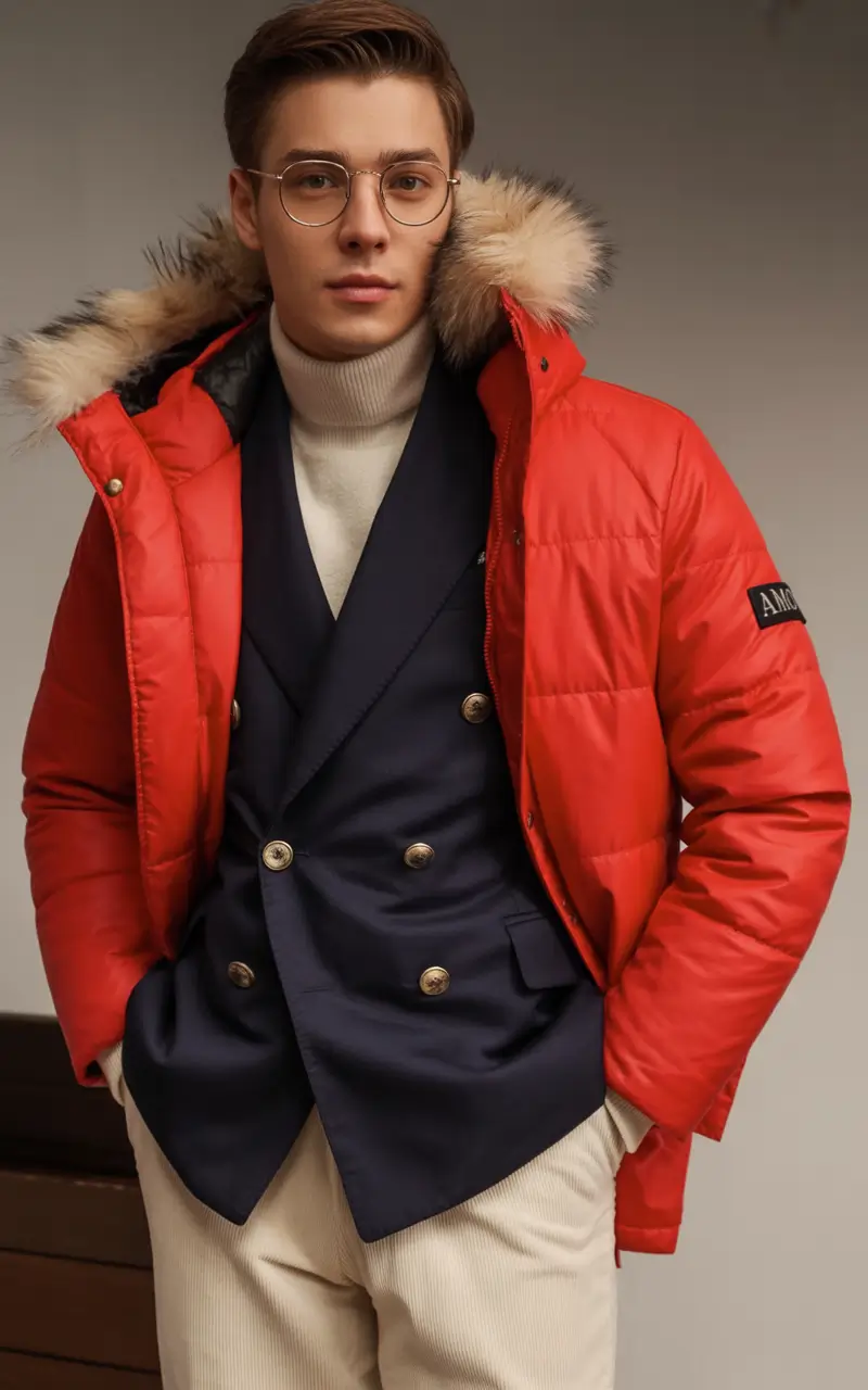winter outfits men Double-Breasted Meets Puffer Boldness