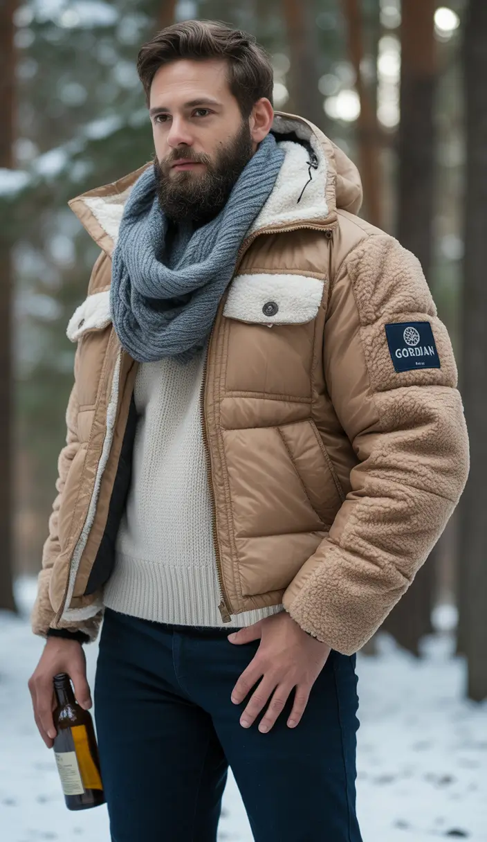 winter outfits men Puffer Warmth with a Cozy Scarf