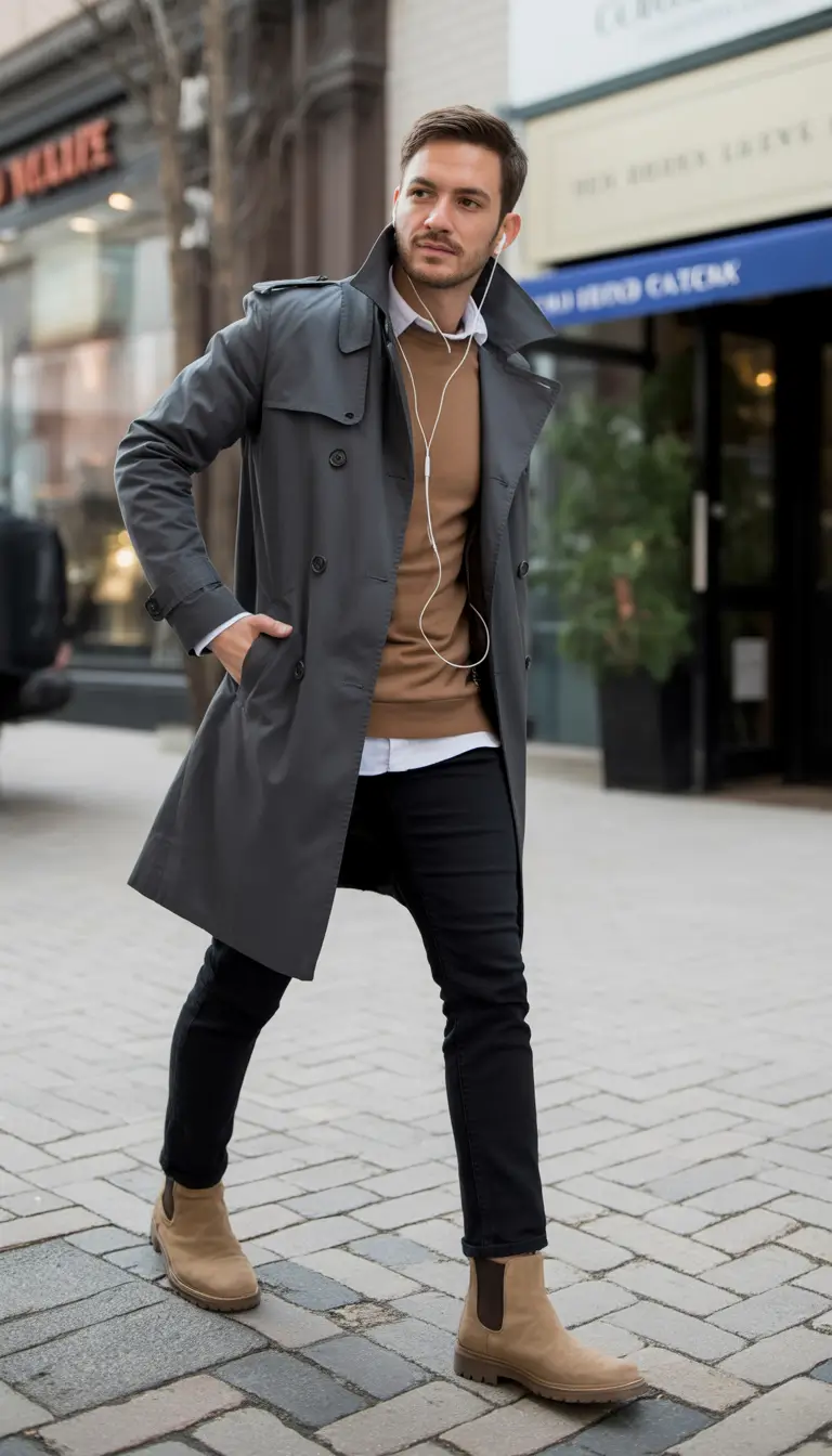winter outfits men Modern Trench with Smart-Casual Twist